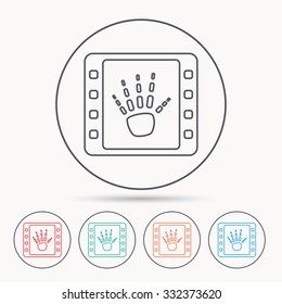 Hand X-ray icon. Human skeleton sign. Linear circle icons.