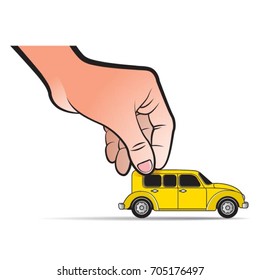 hand with yellow color toy car-vector drawing