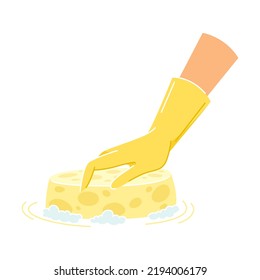 Hand in Yellow Glove Cleaning Floor with Sponge Vector Illustration