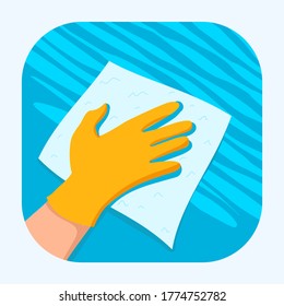 Hand in yellow glove disinfecting the surface. Reminder to wear protection. Safety by working with chemicals, in surgery or contagious illnesses. 