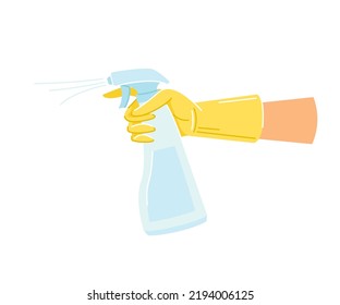 Hand in Yellow Glove Holding Detergent Spray Bottle Doing Cleaning Vector Illustration
