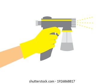 Hand in a yellow glove holds a gray spray tan machine. Vector illustration of auto tanning procedure