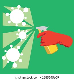 A hand in a yellow glove holds a spray bottle with an antiseptic on a blue background. Disinfection of the room from the coronavirus. Vector illustration. Destroy the virus