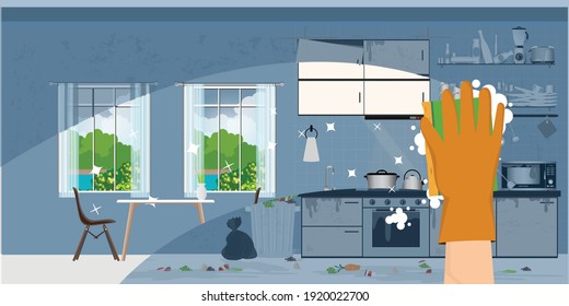 The hand in a yellow glove with sponge washes a kitchen. A concept for cleaning dirty kitchen, washing home utensil cartoon vector illustration.