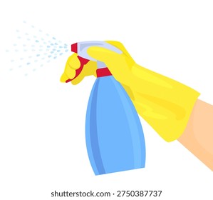 Hand in yellow gloves holds plastic spray bottle with liquid. Cleaning concept. Vector cartoon flat illustration.