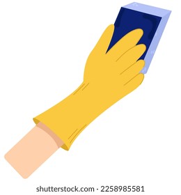 Hand in yellow gloves holds sponge.Protective rubber gloves. Hygienic home vector.