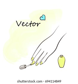 Hand with yellow nail polish in vector
