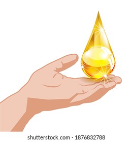 Hand with yellow oil,  beer, wine,  liquid, water, juice drop,  isolated on white background, concept vector illustration