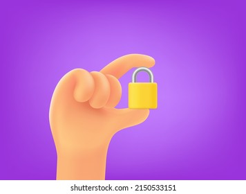 Hand with yellow padlock. Safety concept. 3d vector illustration