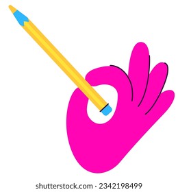 The hand with a yellow pencil. Hand drawn colorful cartoon business web icon. Vector illustration.