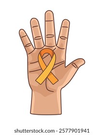 Hand with a yellow ribbon wrapped around fingers symbolizing cancer support