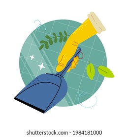 Mano en guantes de goma amarillos sosteniendo un cubo de basura.Hogar de limpieza de primavera.Servicio de limpieza.Plástico biodegradable.Ilustración plana vectorial.