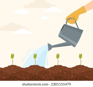 A hand in a yellow rubber glove watering seedlings from a watering can. Flat vector illustration