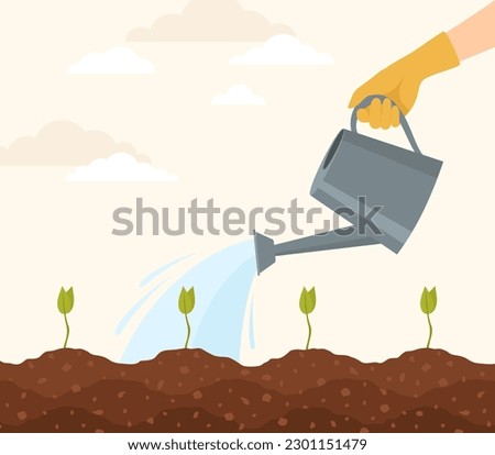 A hand in a yellow rubber glove watering seedlings from a watering can. Flat vector illustration