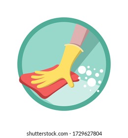 A hand in a yellow rubber glove wipes the surface with a microfiber cloth. Vector illustration isolated on a white background.