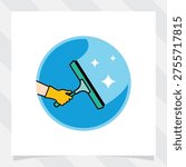 Hand in yellow rubber gloves holding window squeegee wiper vector illustration.