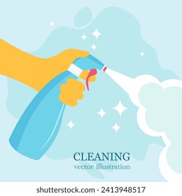 Hand in a yellow rubber glove. Cleaning with spray detergent. Surface cleaning in house. Vector illustration.