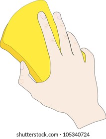 Hand with yellow sponge is ready for cleaning