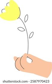 Hand with yellow tulip illustration. Flower present or surprise for 8 march, International Women's Day