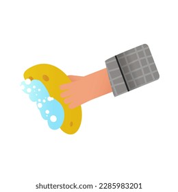 Hand with yellow washcloth with foam and bubbles.