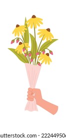 Hand with yellow wildflower Summer Gloriosa daisies bouquet