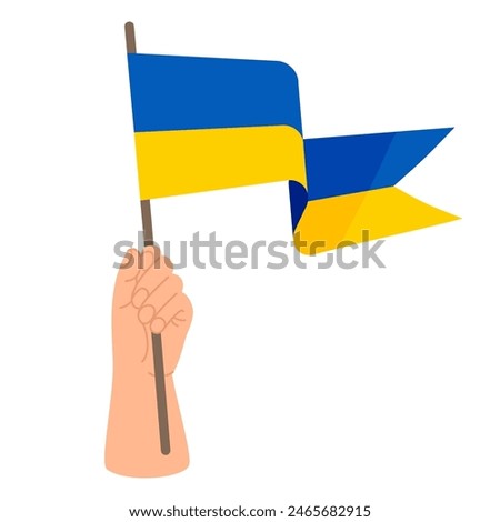 Hand with yellow-blue Ukrainian flag. Vector illustration. Ukrainian national symbol