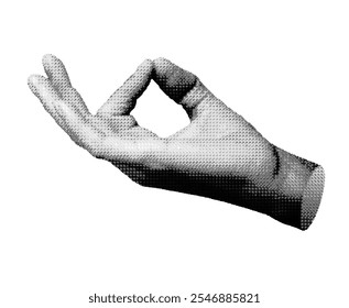 Hand in a yoga mudra gesture, symbolizing calm, peace, and harmony, isolated in retro halftone dot style. Nostalgic 1990s inspired design with vintage grunge texture, ideal for