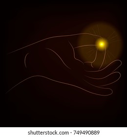 Hand in yoga mudra and light. Prithvi-Mudra isolated on dark background. Vector illustration
