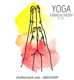 Hand in yoga mudra on watercolor background (Atmanjali Mudra). Vector illustration