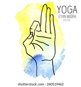 Hand in yoga mudra on watercolor background (Gyan Mudra). Vector illustration