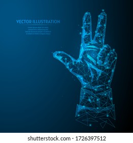 Hand of a young businessman shows three fingers. The concept of business, analytics, calculations, forecasts. Business Innovation. 3d low poly wireframe model isolated vector illustration.