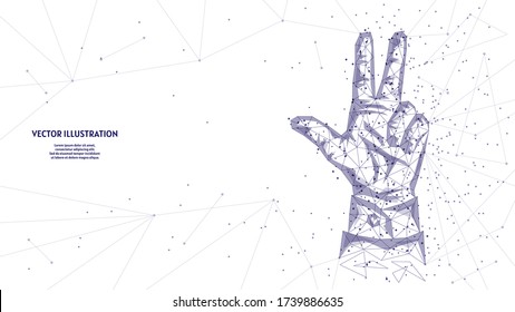 Hand of a young businessman shows three fingers. The concept of business, analytics, calculations, forecasts. Business Innovation. 3d low poly wireframe model vector illustration.