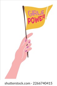 The hand of a young girl with a manicure holds a flag with the inscription girl power. Festive inscription for International Women's Day. Equality and sisterhood. Vector simple illustration.
