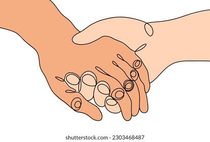 The hand of a young man supports the hand of an old man. Protection of the elderly. World Elder Abuse Awareness Day. One line drawing for different uses. Color vector illustration.