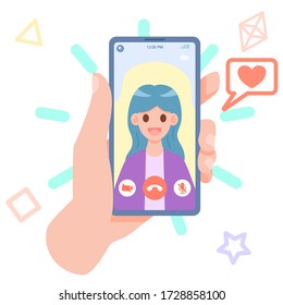 Hand young person holding a mobile smartphone. Video call with someone concept decorated elements colorful. Vector illustrator cartoon flat design.