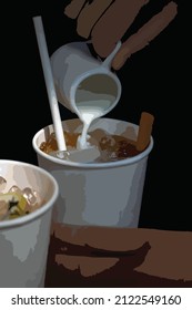 a hand of a young woman hold a cup of milk pouring into a paper coffee cup