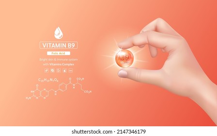 Hand young woman holding vitamin B9 complex capsule orange, Structure. Minerals and Supplement with chemical formula. Beauty treatment nutrition skin care design. Medical concept. 3D Realistic vector.