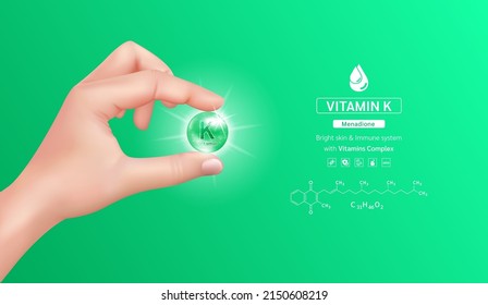 Hand young woman holding vitamin K complex capsule green, Structure. Minerals and Supplement with chemical formula. Beauty treatment nutrition skin care design. Medical concept. 3D Realistic vector.