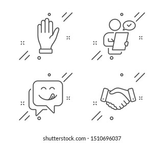 Hand, Yummy smile and Customer survey line icons set. Employees handshake sign. Waving palm, Emoticon, Contract. Deal hand. People set. Line hand outline icon. Vector