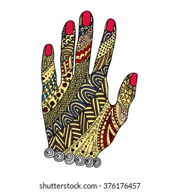 Hand zen tangle and doodle. Arm zentangle tattoo. Zenart vector.