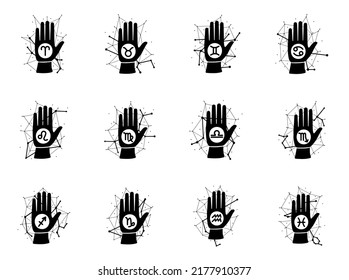 Hand with zodiac signs and constellation doodle design. Horoscope fortune telling concept artwork.