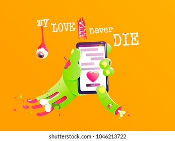 The hand of a zombie with a bone and blood send a love message. Funny valentine. My love will never die. Vector cartoon illustration