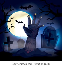 hand of zombie with cemetery in halloween scene