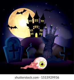 hand of zombie in cemetery in scene halloween