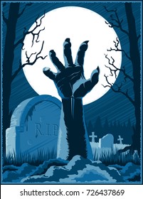 Hand of zombie corpse with claws raised up from grave on a cemetery on Halloween holiday on a background from trees and Moon at night. Vector hand drawing graphic illustration.