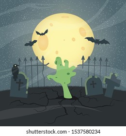 Hand of zombie corpse raised up from grave with gravestone on a cemetery on Halloween holiday at night background with Moon. Vector hand drawing graphic illustration with bats, raven and zombie hand.