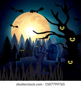 hand of zombie in the dark night and halloween scene