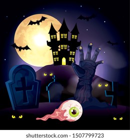 hand zombie with icons in the halloween scene