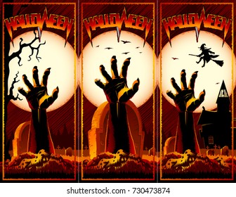 Hand of zombie raised up from grave on a cemetery with an abandoned hut and witch flies on a broomstick on a background with Moon. Flyer card set for Halloween holiday from vector graphic illustration