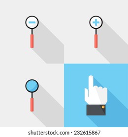 hand and zoom icons. Flat design style modern vector illustration. Isolated on stylish color background. Flat long shadow icon. Elements in flat design.